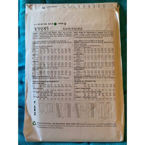 Vogue sewing pattern 9185 tunic dress wide leg pant Size 14 16 18 - Picture 3 of 6